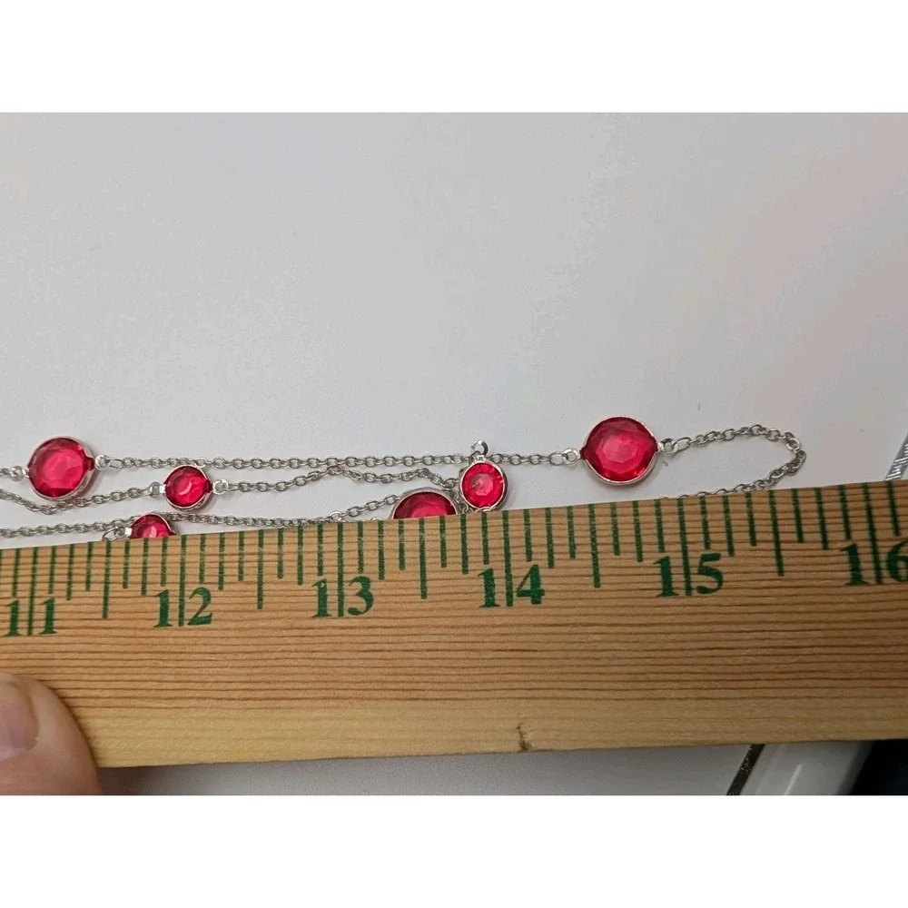 Handmade Pink Crystal‎ Station Necklace Silver Tone Layered Fashion Jewelry
